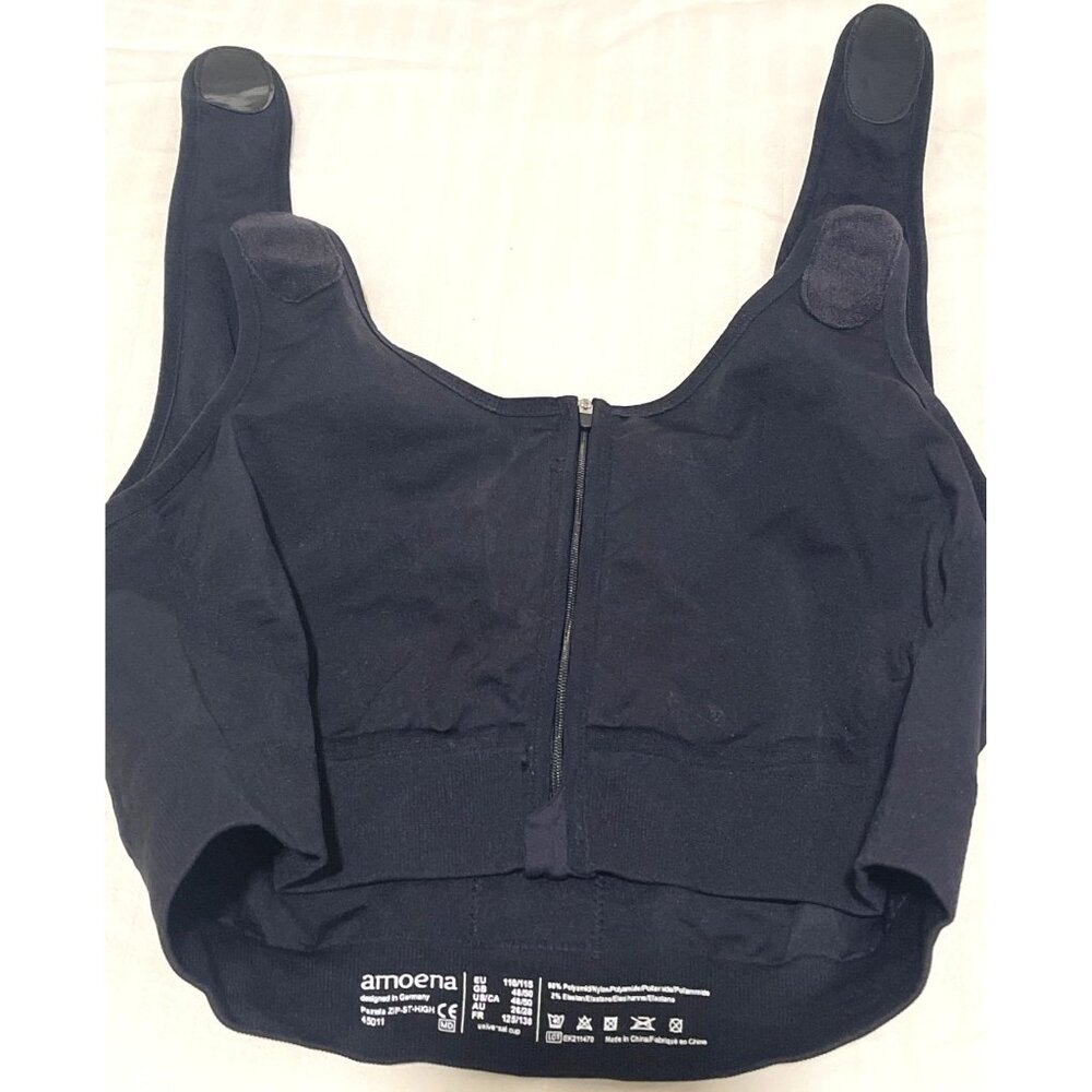 Surgical Breast Compression Bra Black Front-Zip Amoena Pockets Adjustable Straps - Picture 2 of 14